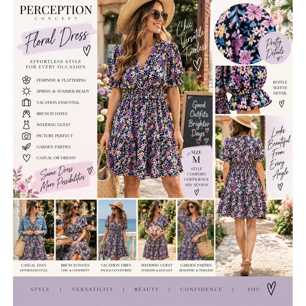 Floral Puff Sleeve Mini Dress Purple Yellow V-Neck Tiered Ruffle Waist Size M